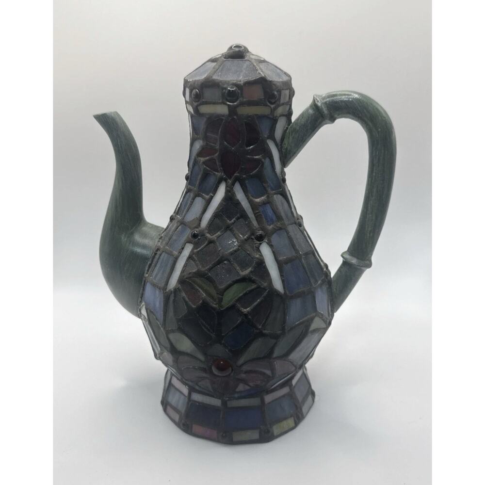 RARE Tiffany Style Stained Glass Mosaic Teapot Kettle Lantern Night Light Unique